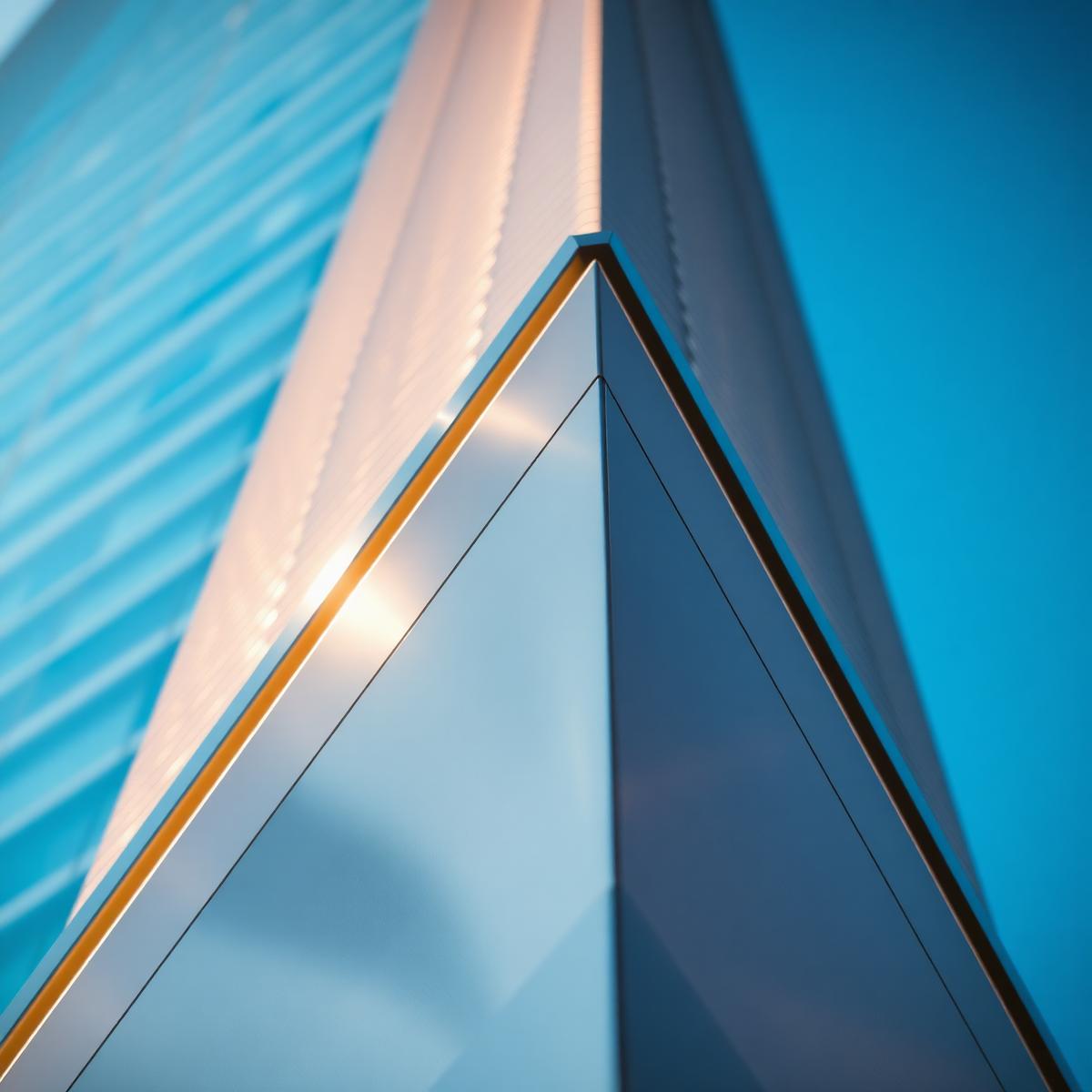Polished steel architectural detail reflecting the morning sky
